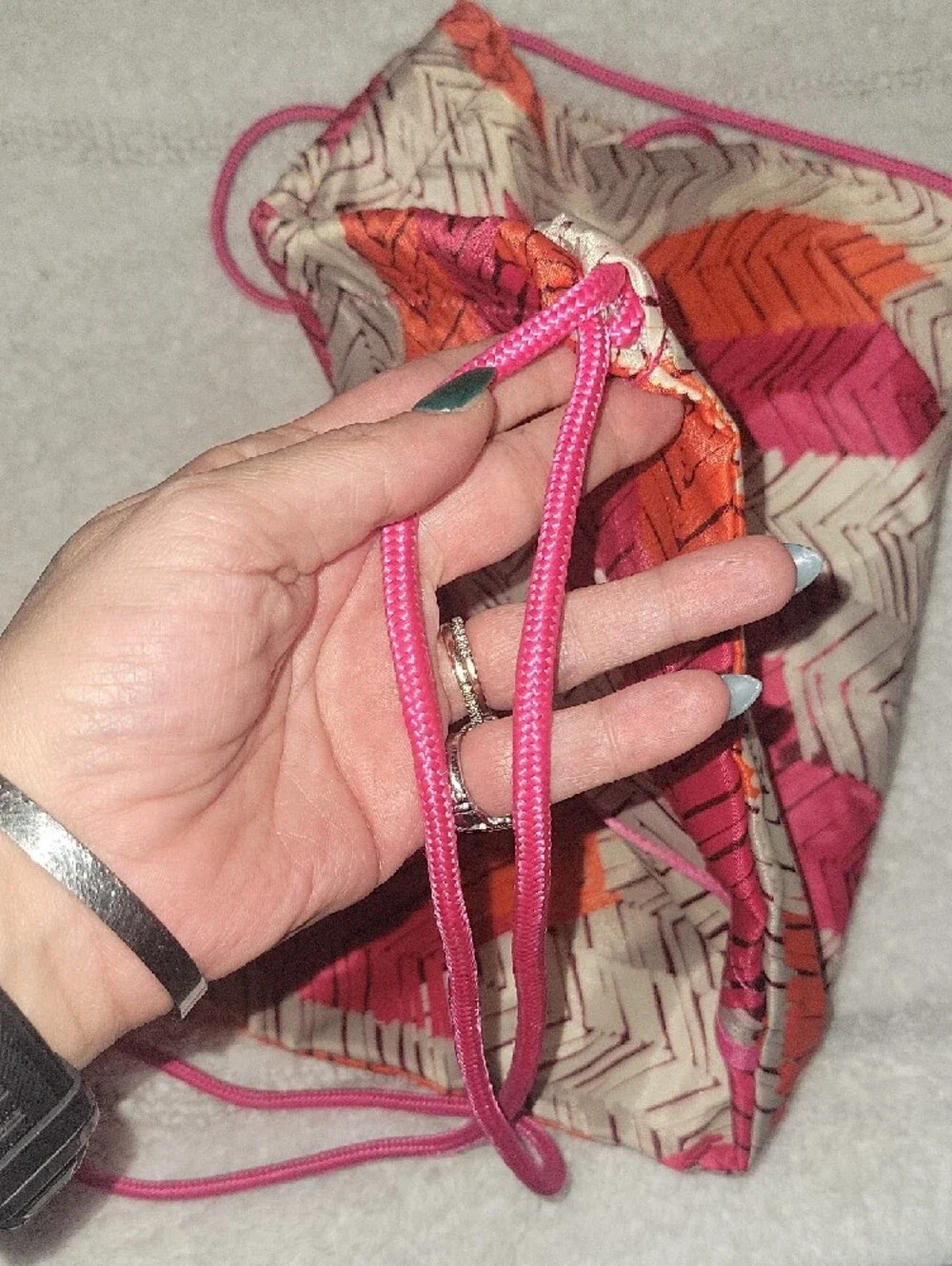 Thirty-One Pink & Orange Chevron Drawstring Backpack NWOT